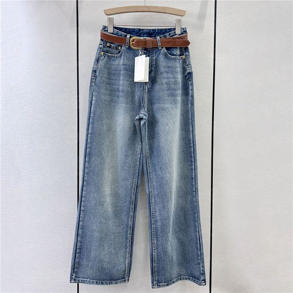 

embroidered womens jeans trousers with belt designer fashion lady straight long pants streetwear denim pant clothing, Blue