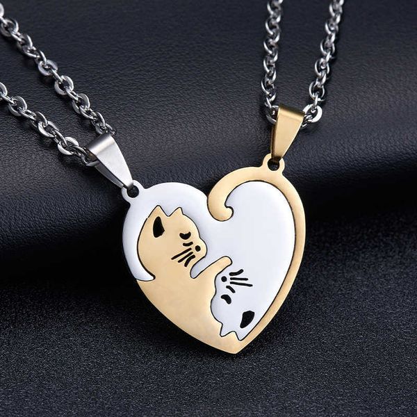 

s new fashion stainless steel love couple stitching cat pendant necklace accessories valentine's day jewelry gifts 0206, Silver
