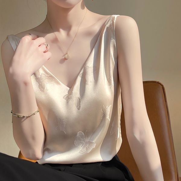 

women's tanks camis summer beautiful blouses chiffon v neck satin office black elegant shirts silk 230204, White