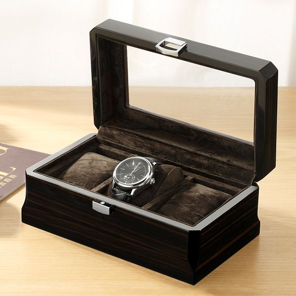 

watch boxes cases rectangle wooden watch box storage 3-bit watches organizer display box package case glass cabinet luxury wood casket for w, Black;blue
