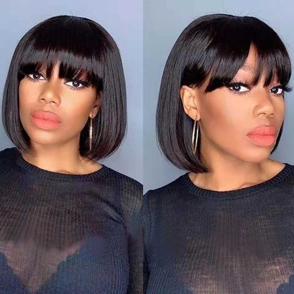 

nxy lace wigs straight short bob with bang human hair for women brazilian no full machine made fringe wig 230106, Black;brown