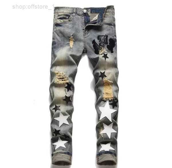 

jeans letter star hoel designer loose embroidery patchwork ripped for trend brand motorcycle pant skinny clothing 2 vp58, Blue