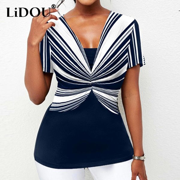 

women's t-shirt summer fashion striped printed patchwork short sleeve leisure t-shirts oversized v-neck low cut all-match slim women 2, White