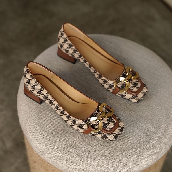 

dress shoes french fashion retro plaid shoes metal buckle shallow mouth allmatch thick heel design women's shoes banquet dress up 23020, Black