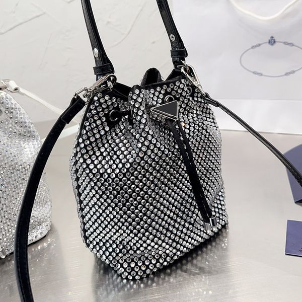

designers classic mini drawstring lady crossbody bags italy brand triangle sign rhinestone inlaid women bucket shoulder bag luxury designer