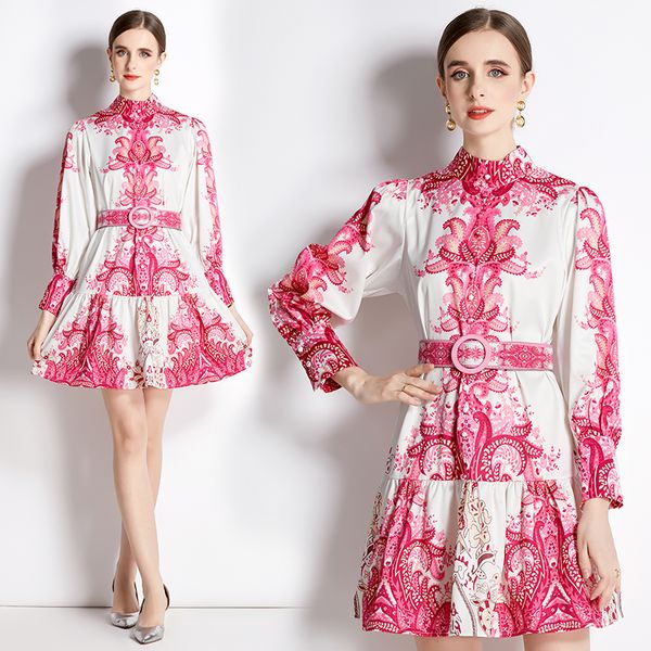 

2023 fashion stand collar party mini dresses with belt women long sleeve retro print high waist designer dresses elegant ladies birthday din, Black;gray