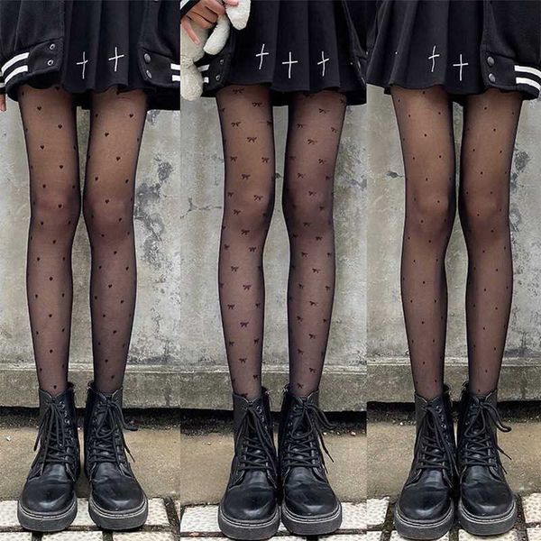 

socks hosiery black women pantyhose tights heart bowknots dots printed lace mesh fishnet summer nylon tight stocking y2302, Black;white