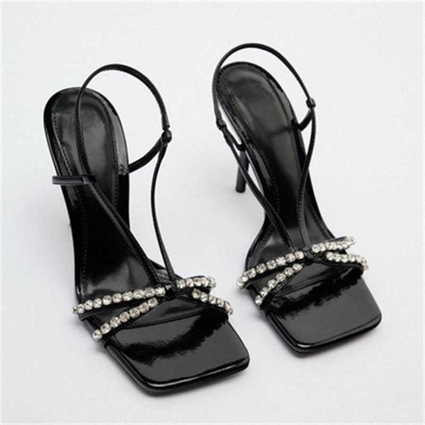 

sandals 2022 woman rhinestone high heel sandals traf sequin cross strap black heels fashion square slingback stiletto pumps women summer g23
