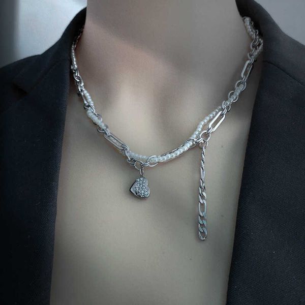 

2022 new fashion shiny rhinestone love heart pendant necklace double layer pearl beads chains choker necklaces for women jewelry 0206, Silver
