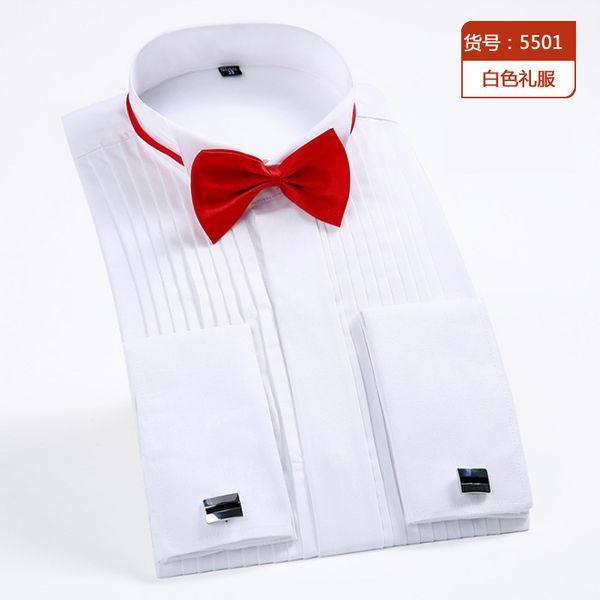

men's clothing new fashion men dress shirts brand wedding long sleeve white formal shirt party with bow tie cufflink men tuxedo shirts, Black