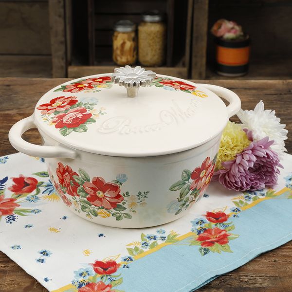 

vintage floral enameled cast iron 3-quart dutch oven