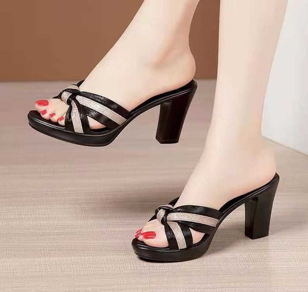 

slippers new brand high heels shoes women chunky 2022 summer designer party pumps ladies sandals dress slides flip flops y2302, Black