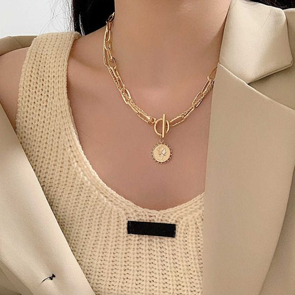 

pendant s vintage carved thick chain ot buckle bohemian metal coin collar choker necklace fashion women punk jewelry 0206, Silver