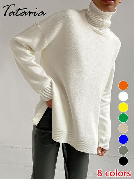 

women's sweaters winter turtlenecks 2023 green oversize classic warm knitted pullovers side slit long for women 230206, White;black