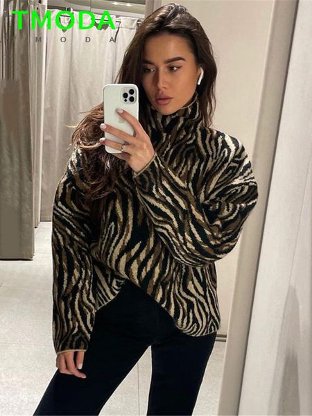 

women's sweaters t moda women streetwear animal pattern jacquard turtleneck sweater ladies loose fashion knitted pullover female 23010, White;black