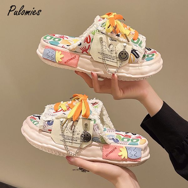 

slippers fashion design summer women graffiti slippers platform shoes mules flip flops street sandals clogs flat casual shoes for female 230, Black