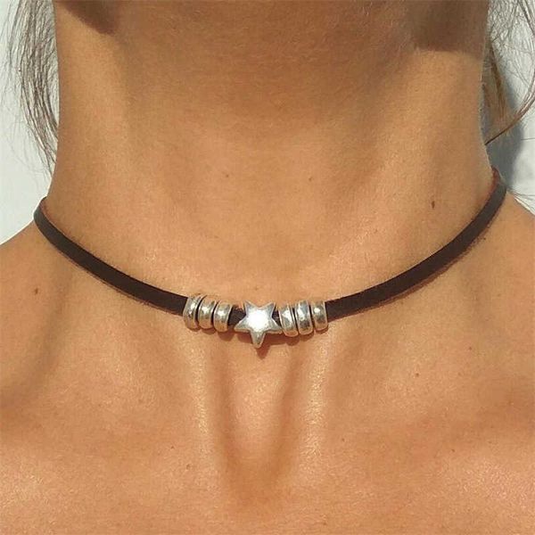 

pendant minimalist punk rock star pentagram necklace metal beads leather chains choker necklaces for women girls beach fashion jewelry 0206, Silver