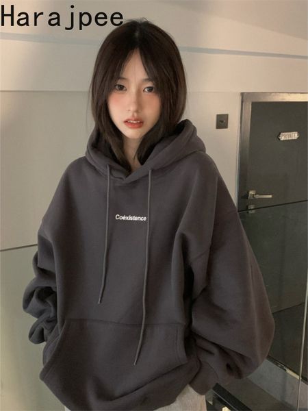 

womens hoodies sweatshirts harajpee oneck hooded long sleeves print sweatshirts casual allmatch loose solid hoodies women autumn winter high, Black