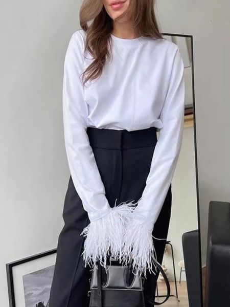 

women's tshirt elegant women feather tshirt oneck long sleeve y2k loose spring summer ladies tshirts fashion blue tee pullovers 230206, White