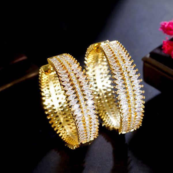 

hoop huggie cwwzircons bright heavy african cubic zirconia pave gold plated round big wide statement wedding hoop earrings for women cz403 2, Golden;silver