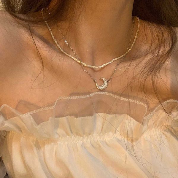 

necklaces 2pcs elegant fairy zircon moon double-layer pendant necklace luxury vintage pearl heart butterfly clavicle chain choker gifts 0206, Silver
