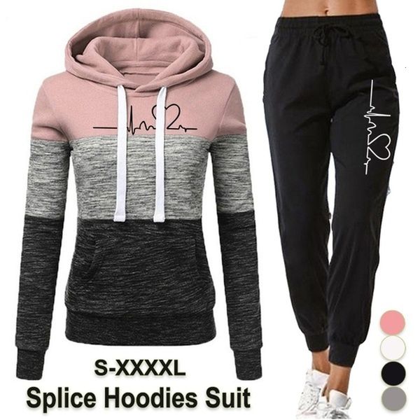 

women's two piece pants womens tricolor hoodie suit two piece outfits hooded sweatshirts pants sets sports jogging suit hoody tracksuit, White