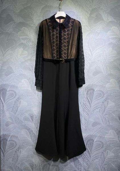 

spring 2023 new long dress black lapel and mesh, Black;gray