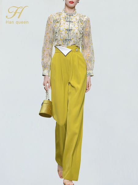 

womens two piece pants h han queen occupation 2piece suits autumn elegant print puff shirt blouse simple high waist korean casual set 230207, White