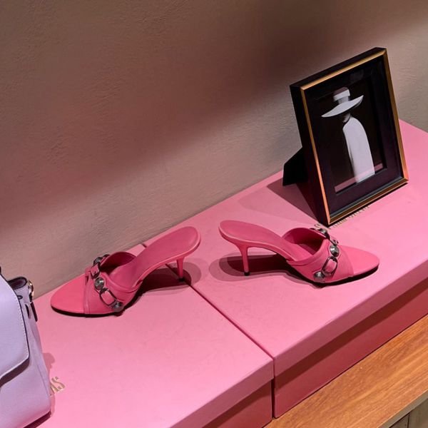 

cagole cowskin leather mule slippers sandals stud buckle embellished shoes slip on open rounded toes stiletto heel luxury designers shoe for, Black