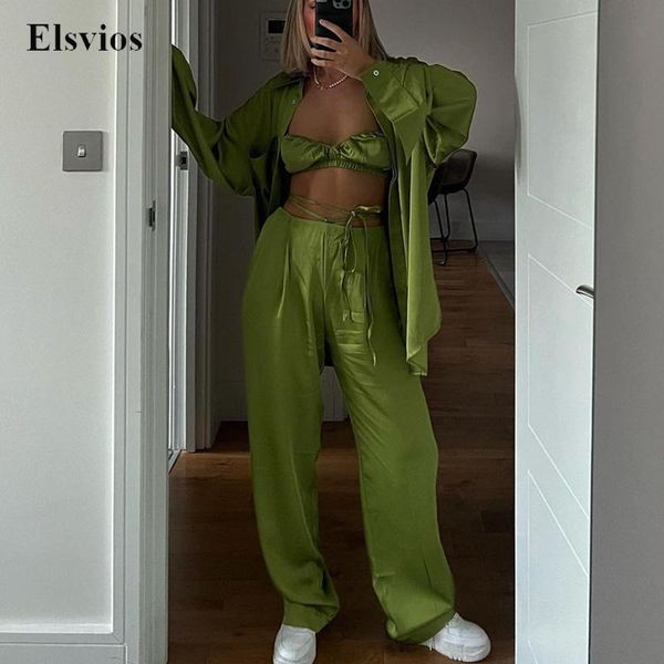 

women's two piece pants spring fashion solid suit summer casual holiday boho beach women 3 pieces set satin loose shirt bra bandage out, White