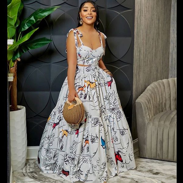 

casual dresses cm yaya graffiti print women big swing cape ball gown maxi long skirt suit and crop matching two 2 piece set chic outfits 230, Black;gray