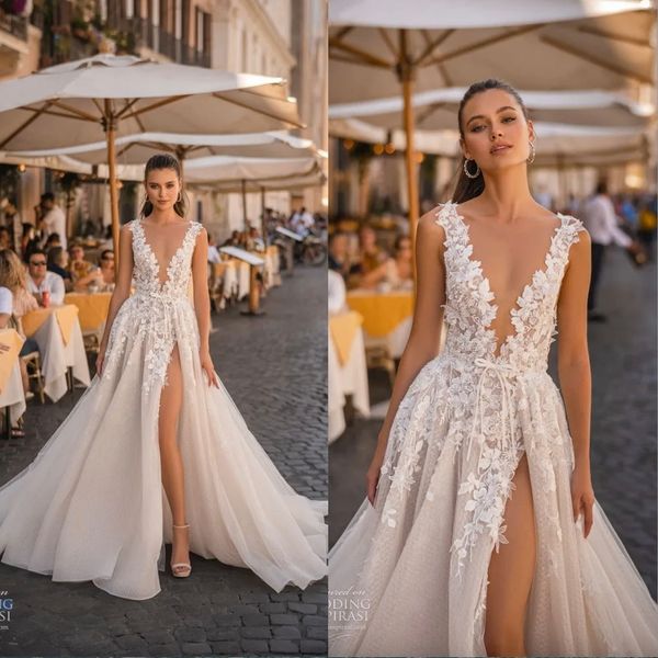

boho wedding dresses bridal gowns side split berta 2023 lace appliqued v neck tulle country western vestido de novia, White