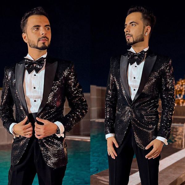 

black sequins mens wedding tuxedos satin lapel mens jacket handsome man prom party formal outfit one blazer, Black;gray