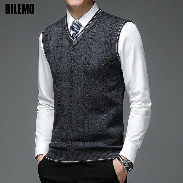 

men's vests autum fashion brand solid 6 wool pullover sweater v neck knit vest trendy sleeveless casual clothing 230206, Black;white