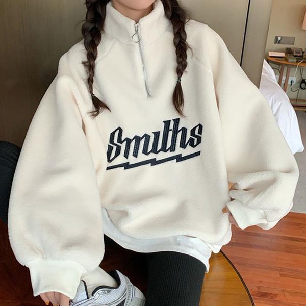 

womens hoodies sweatshirts warm thicken zipper stand collar hoodie women casual long sleeve pullover casual letter plush sweatshirt outwear, Black