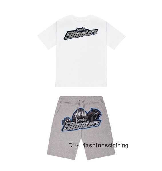 

summer new trapstar london shooter short-sleeved t shirt suit chenille decoding black ice flavor 2.0 men's round neck t-shirt shorts 4, White;black