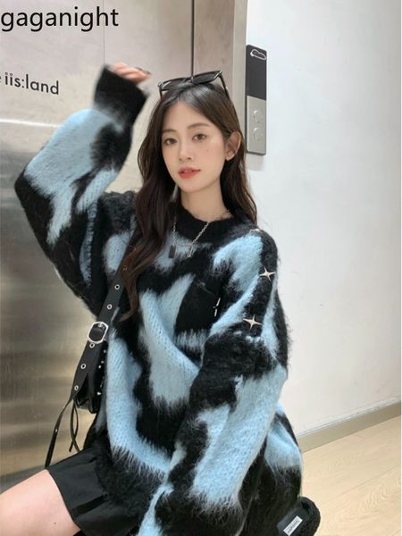 

women's sweaters gaganight women soft waxy color contrast o neck sweater autumn winter plush loose medium length knitted fashion 230206, White;black