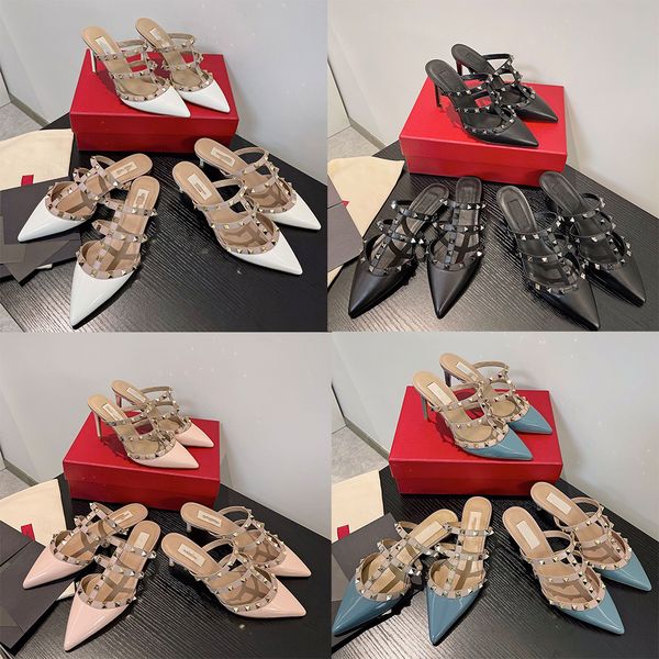 

designer pointed toe 2-strap with studs high heels patent leather rivets sandals women studded strappy dress shoes valentine high heel shoes, Black