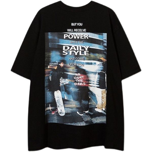 

pure cotton blur ins style hiphop european and american short-sleeved hip-hop street high street t-shirt for men, White;black