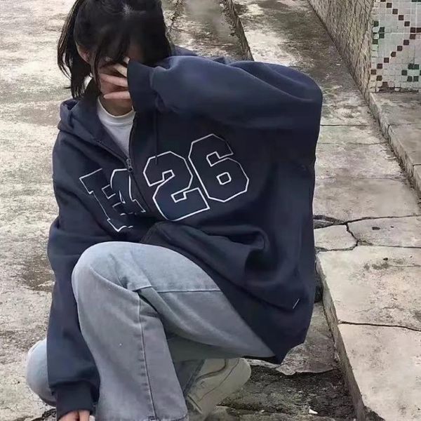 

womens hoodies sweatshirts houzhou vintage zip up hoodies women harajuku fleece oversize grunge sweatshirt streetwear aesthetic clothes 2302, Black