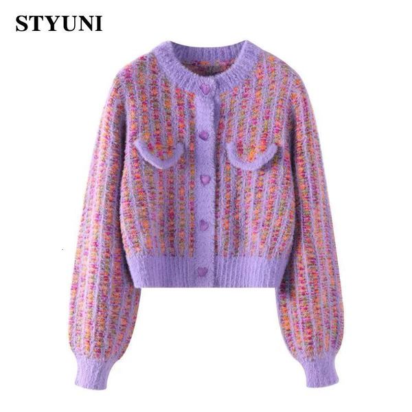 

women's knits tees purple plaid imitation mink round neck knitted women's cardigan korean fashion long sleeve single-breasted wint, White