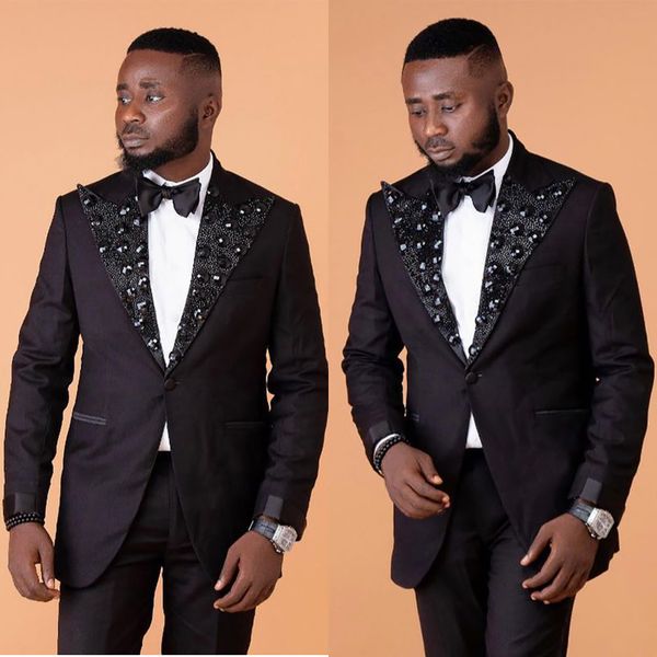 

black beads mens wedding tuxedos classic fit one button mens jacket handsome man prom party formal outfit 2 pieces, Black;gray