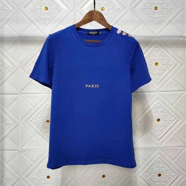 

casual women t-shirt shoulder gold button bronzing letter short sleeve designer xs-xxl, White