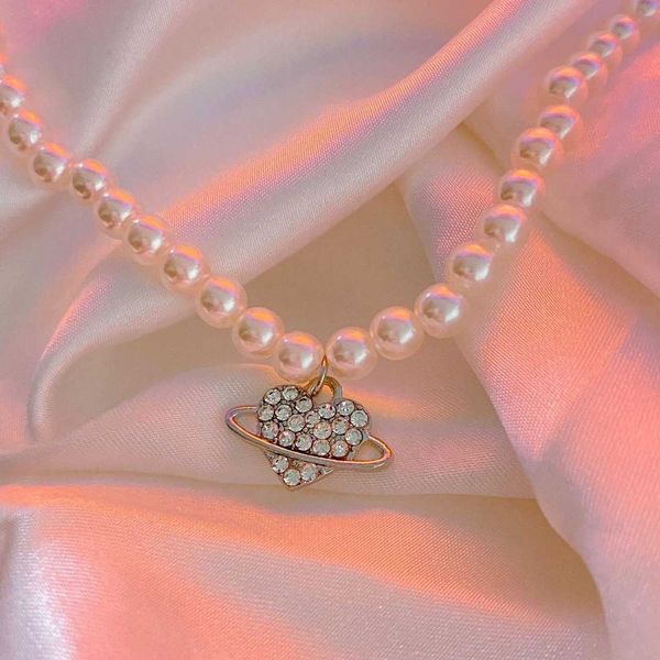 

elegant exquisite shiny love heart rhinestone pendant necklaces harajuku pearl chains choker for women girls fashion y2k jewelry 0206, Silver