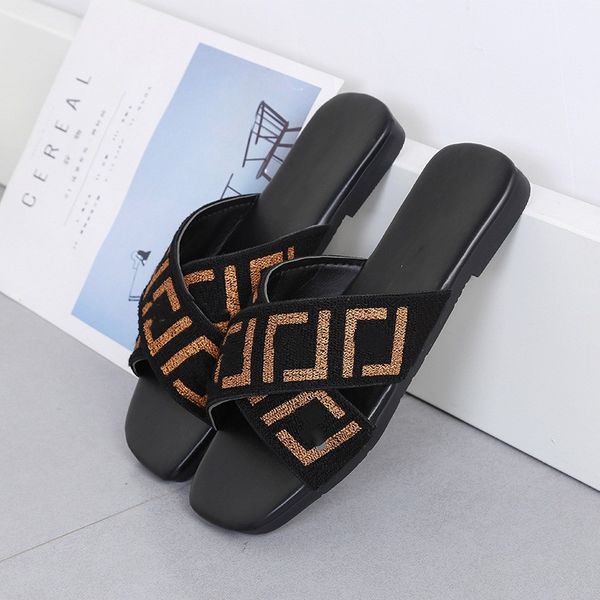 

2023 designer slippers womens f letter slipper black white brown sandals summer beach outdoor stripes casual flat slides women ladies flip f