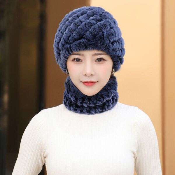 

women real rex rabbit fur hat scarf sets winter warm beanie cap neckerchief soft, Blue;gray