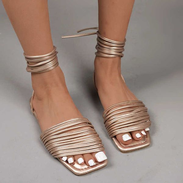 

slippers gold silver gladiator sandals women 2023 new flat heels square toe woman slides plus size 43 ankle strap summer y2302, Black
