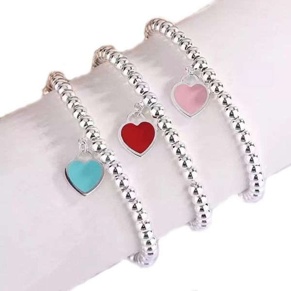 

designer jewelry cuff high-quality eternal couple beaded bracelet heart-shaped ball bead ladies green blue pink charm bracelet with box, White