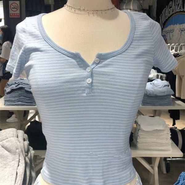 

women's tshirt classic striped slim crop summer button oneck soft cotton short sleeve tshirts chic sweet fashion y2k 230206, White