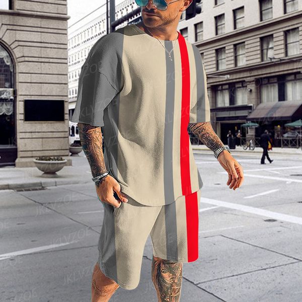

men's tracksuits summer fashion trend men suit 3d printed striped pattern jogging tracksuit short sleeve tshirts set streetwear clothes, Gray